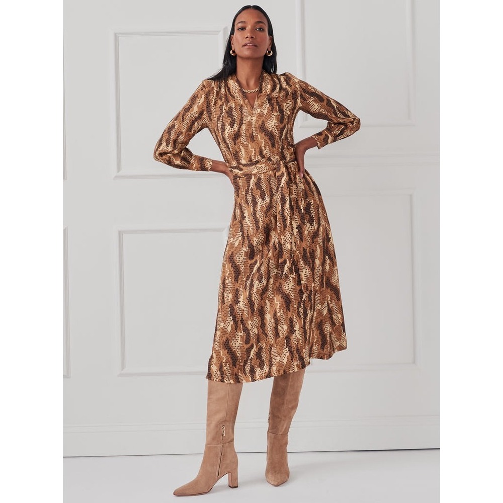 J.McLaughlin Portia Dress Camel Black Grasslands Animal Print Midi V-Neck Size 2